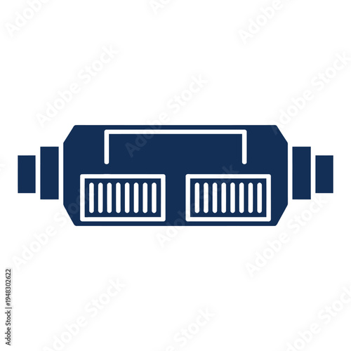 Dark blue schematic icon represents an automotive exhaust system catalytic converter.