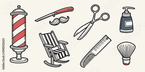 a collection of barber shop tools and furniture Vector