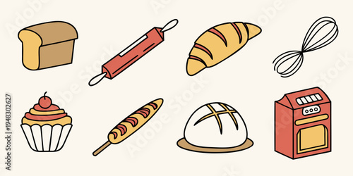 a collection of baking icons including bread and pastry items Vector