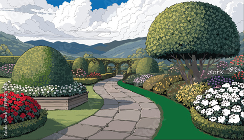 A serene stone pathway winding through a lush garden with blooming flowers and distant mountains