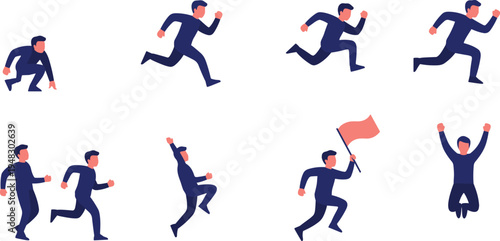 Vector illustration of runner from start to finish showing race progression, effort, and victory celebration in sports and motivation