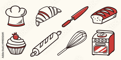 a collection of baking tools and food Vector