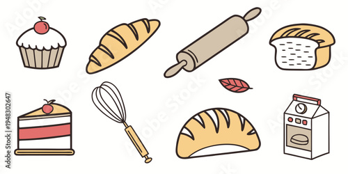 a collection of baking icons including pastries and tools Vector