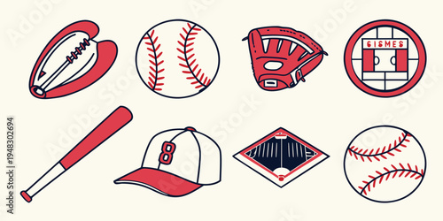 a collection of baseball equipment and accessories Vector