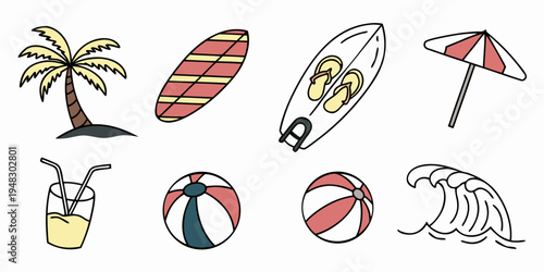 a collection of beach icons including a palm tree and beach toys Vector