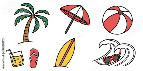 a collection of beach icons including palm tree and summer items Vector