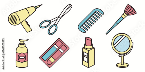 a collection of beauty and hair tools and products Vector