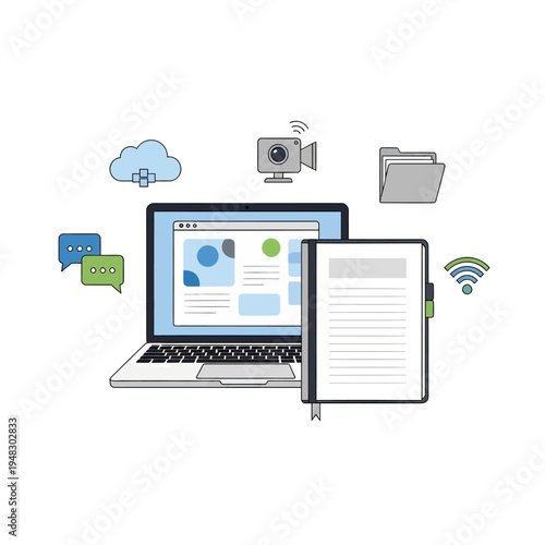 Digital learning and remote work tools laptop, video conferencing, cloud storage, and online documents