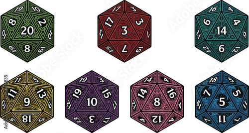 Colorful D20 dice set vector illustration, tabletop RPG gaming polyhedral dice collection for role playing fantasy board games