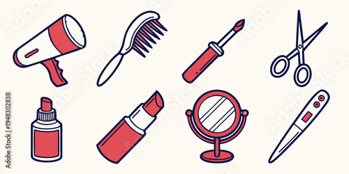 a collection of hair and beauty tools and cosmetics Vector