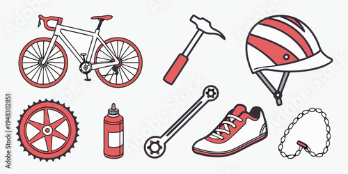 a collection of red and white cycling gear and tools Vector