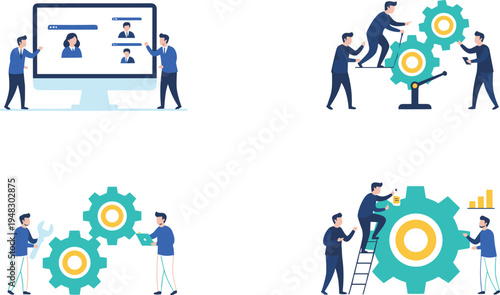Vector illustration of teamwork and collaboration with professionals adjusting gears, using laptops, and analyzing data for project management