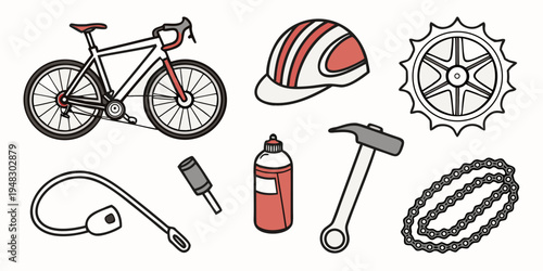 a collection of bicycle and cycling equipment Vector