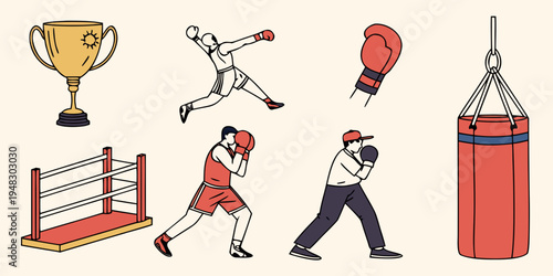 various boxing equipment and athletes in action Vector