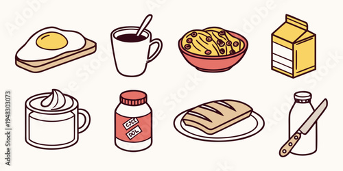 a collection of breakfast foods and drinks Vector
