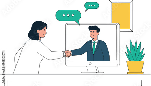 Vector illustration of virtual meeting with handshake between business professionals