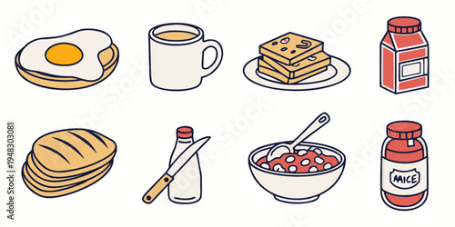 a collection of breakfast foods and condiments Vector