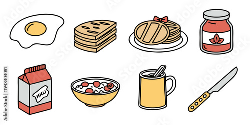 a collection of breakfast foods and ingredients Vector