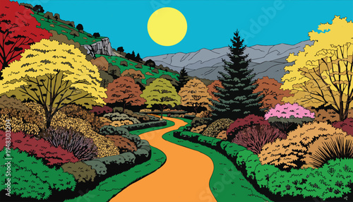 A vibrant illustration of a winding autumn path leading through a colorful garden under a bright sun