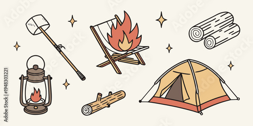 a camping scene with tent and campfire Vector
