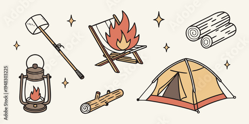 a set of camping icons with tent and campfire Vector