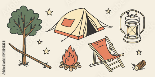 a camping scene with tent and outdoor gear Vector