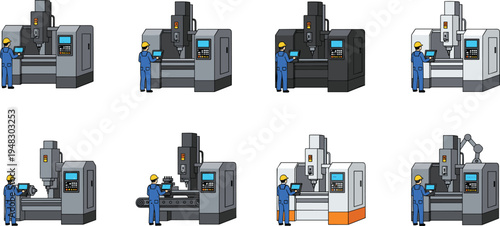 Vector illustration of worker operating CNC machines with different configurations and control panels