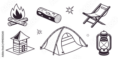 camping icons including tent and campfire Vector