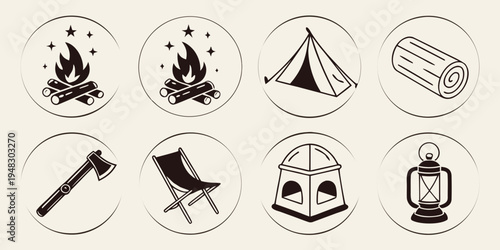 a set of camping icons including tent and fire Vector
