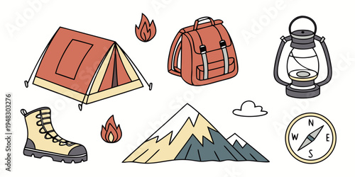 a collection of camping and hiking gear Vector