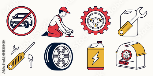 a set of eight icons related to car repair and maintenance Vector