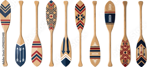 Decorative wooden paddle collection vector set with tribal geometric patterns traditional canoe oars rustic nautical design illustration