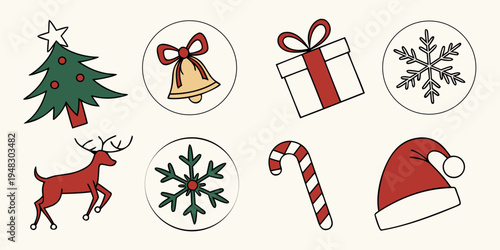 christmas icons including tree, gift, and candy cane Vector