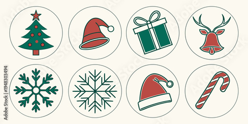 christmas icons including tree, hat, gift, reindeer, snowflake and candy Vector