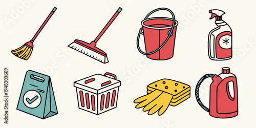 collection of cleaning supplies and tools Vector