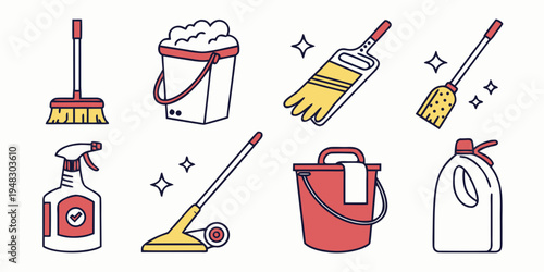 a collection of cleaning supplies and tools Vector