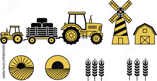 Cartoon agriculture icons including tractor, barn, windmill, wheat, and farmland symbolizing rural life and farming design