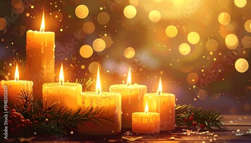 Warm Glowing Candles in Festive Setting Elegant Holiday Ambiance Golden Light and Bokeh.