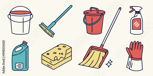 a collection of cleaning supplies and tools Vector