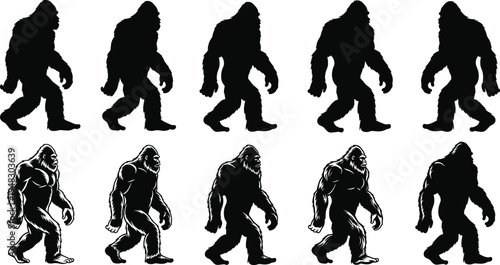 "Bigfoot Sasquatch walking sequence silhouettes and detailed illustrations depicting legendary cryptid motion poses inspired by folklore and myth in vector art design"