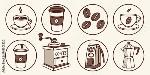 a set of coffee icons in brown tones Vector