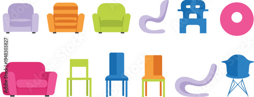 Cartoon chair collection with diverse designs including armchair, lounge, loveseat, and modern seating furniture