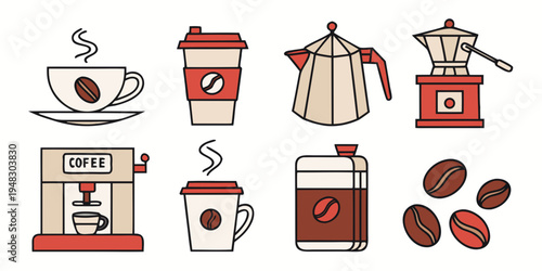 a collection of coffee related objects and drinks Vector