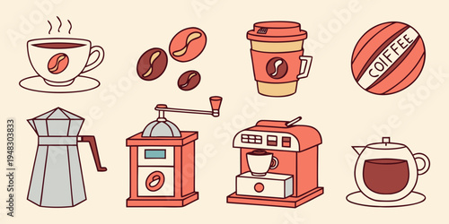 a collection of coffee related items and machines Vector