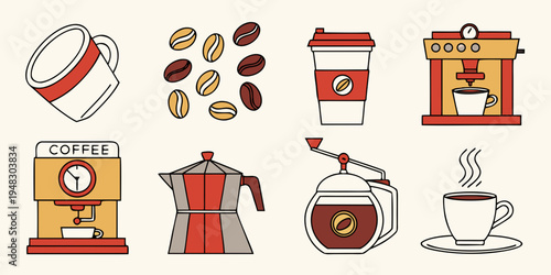 a collection of coffee related objects and appliances Vector