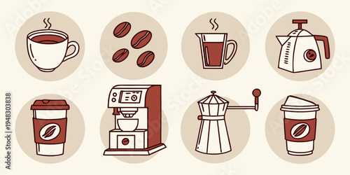 coffee icons including cup beans machine and brewer Vector