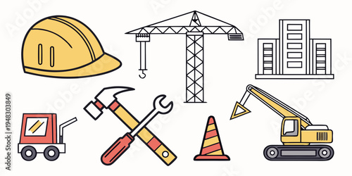 construction icons including a hard hat and tools Vector