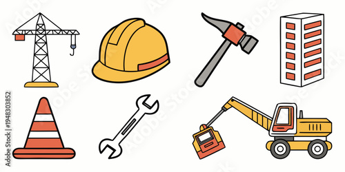 construction icons including crane and excavator Vector