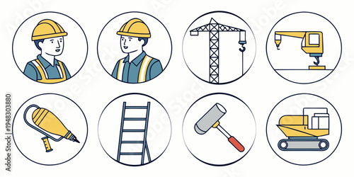 construction icons including workers and tools Vector