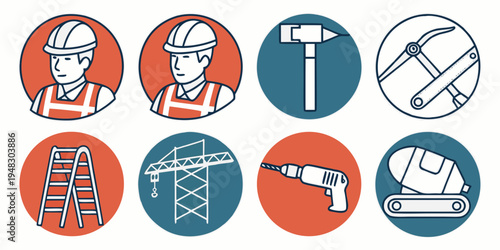 construction icons set including worker and tools Vector